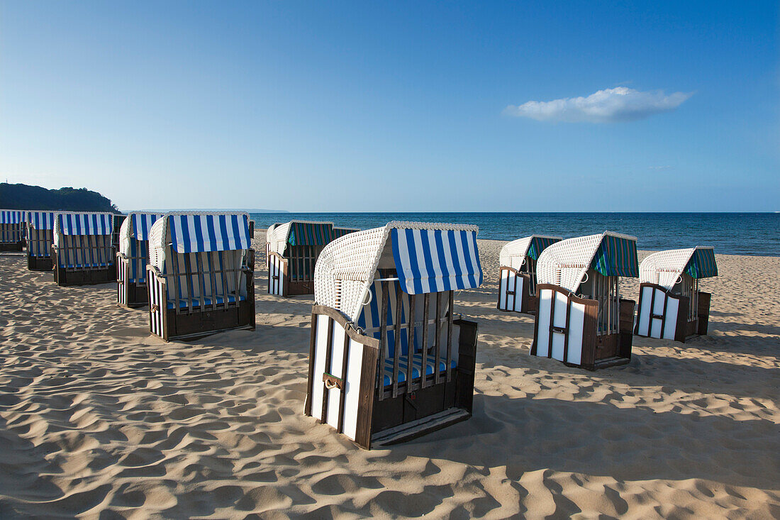 Beach chairs on the beach, Baabe seaside resort, Ruegen island, Baltic Sea, Mecklenburg-West Pomerania, Germany