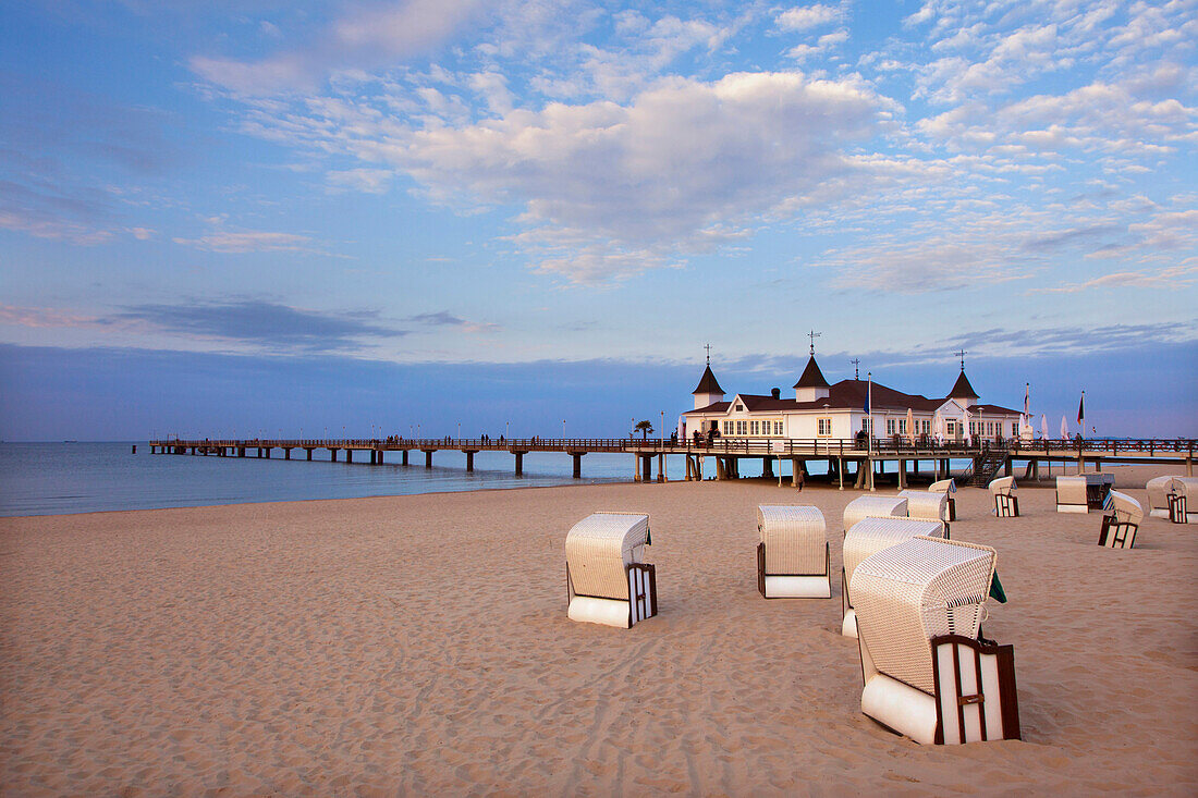 Beach chairs and pier in the evening, Ahlbeck seaside resort, Usedom island, Baltic Sea, Mecklenburg-West Pomerania, Germany, Europe