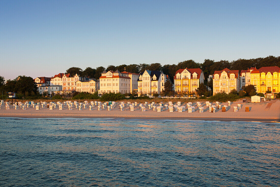 View from the pier to the seafront, Bansin seaside resort, Usedom island, Baltic Sea, Mecklenburg-West Pomerania, Germany