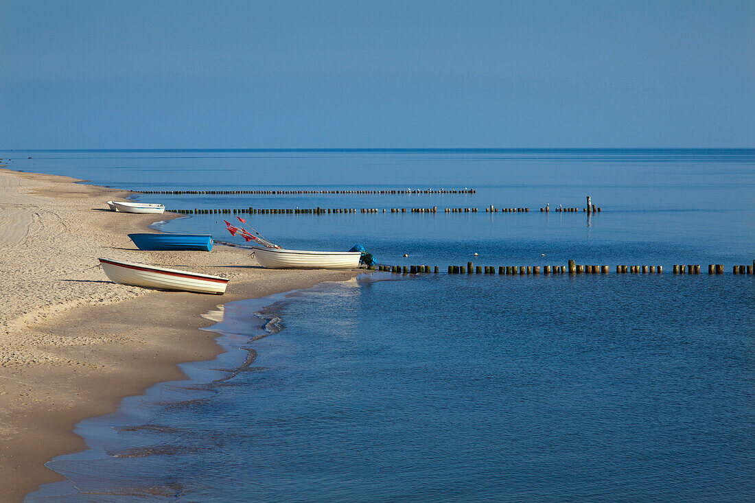 Fishing boats on the beach, Bansin seaside resort, Usedom island, Baltic Sea, Mecklenburg-West Pomerania, Germany, Europe