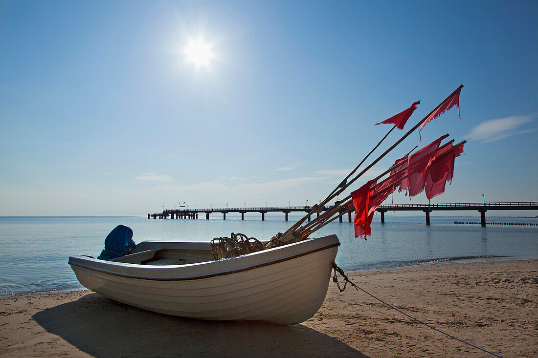Fishing boat on the beach, Bansin seaside resort, Usedom island, Baltic Sea, Mecklenburg-West Pomerania, Germany, Europe