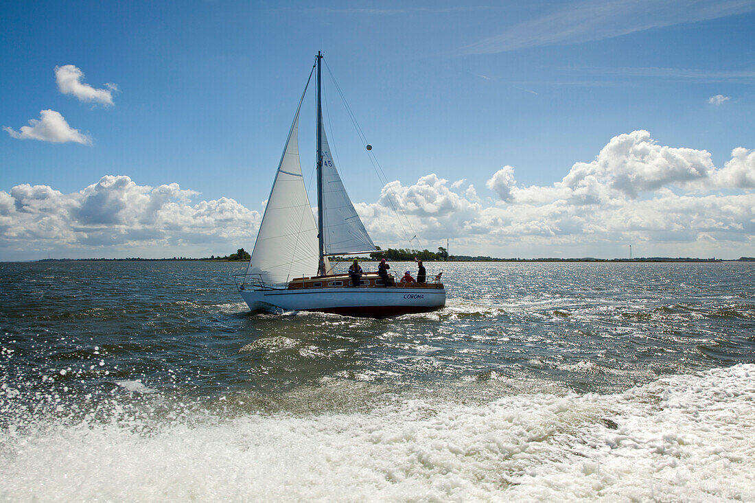 Sailing boat crossing from Ruegen island to Hiddensee island, Baltic Sea, Mecklenburg-West Pomerania, Germany