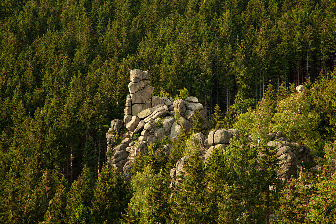 Rock formation at the Kaesteklippe above Oker valley, near Goslar, Harz mountains, Lower Saxony, Germany
