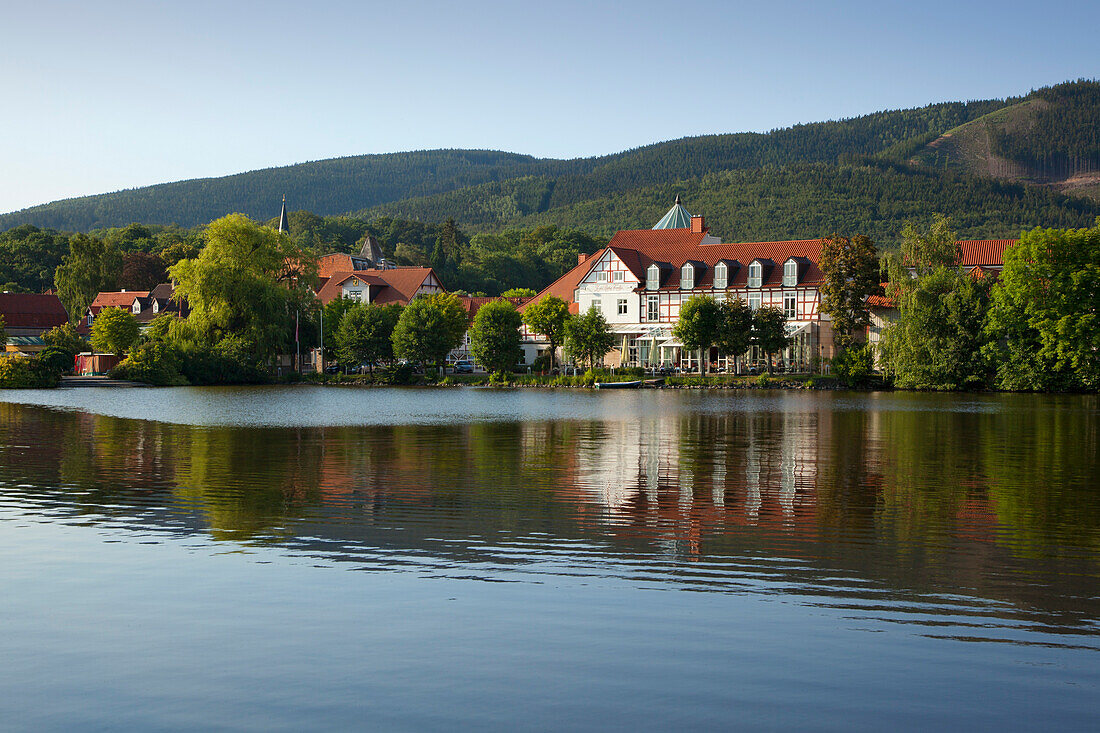 Forellenteich vorm Hotel „Zu den Rothen Forellen“, Ilsenburg, Harz, Sachsen-Anhalt, Deutschland