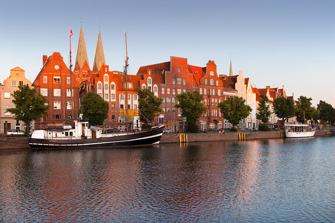 View over harbor to gabled houses and St. Mary' s church, Hanseatic City of Luebeck, Schleswig Holstein, Germany