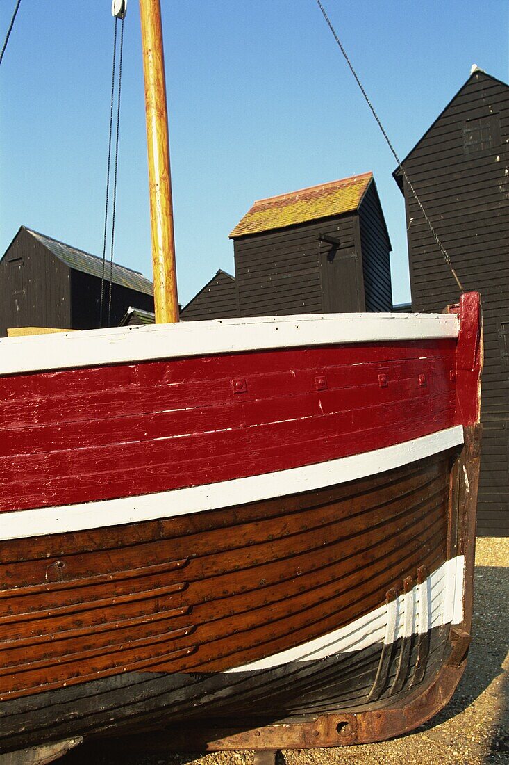 England,Sussex,Hastings,Fishing Boat and Net Huts in Hastings Old Town