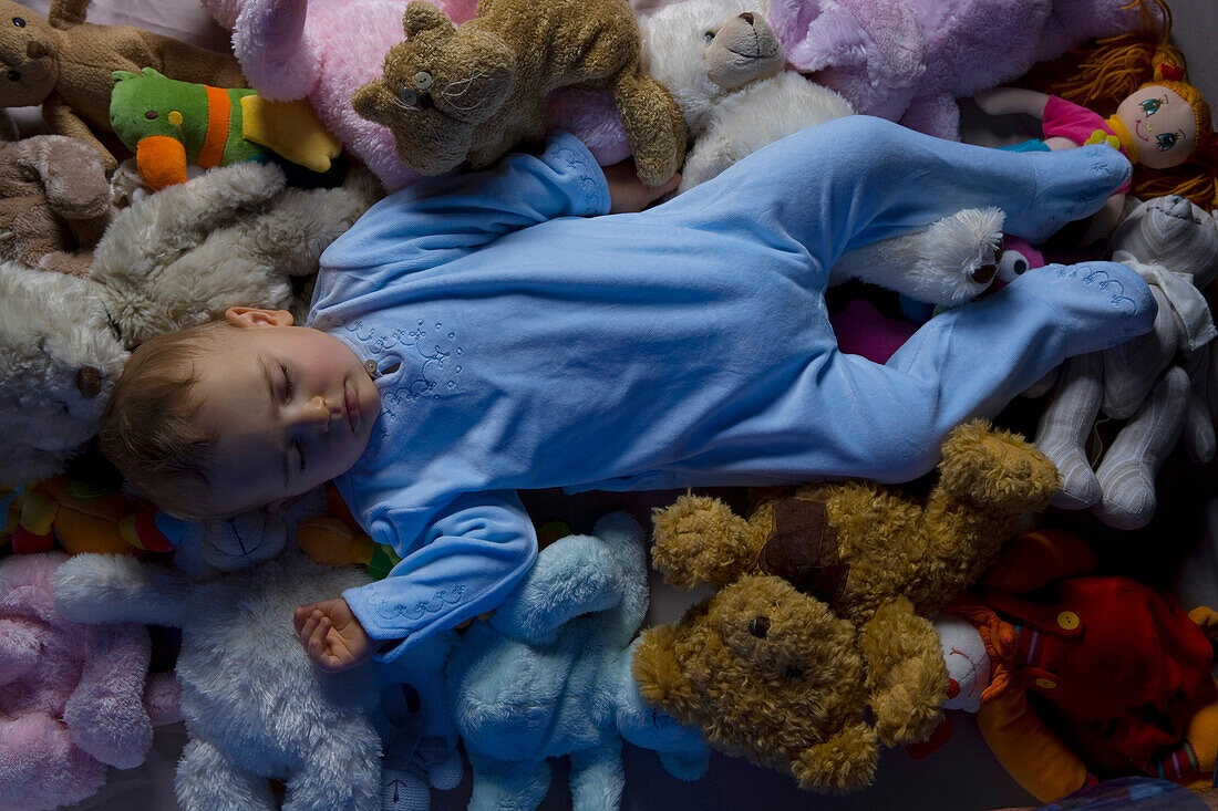 Baby sleeping on stuffed toys
