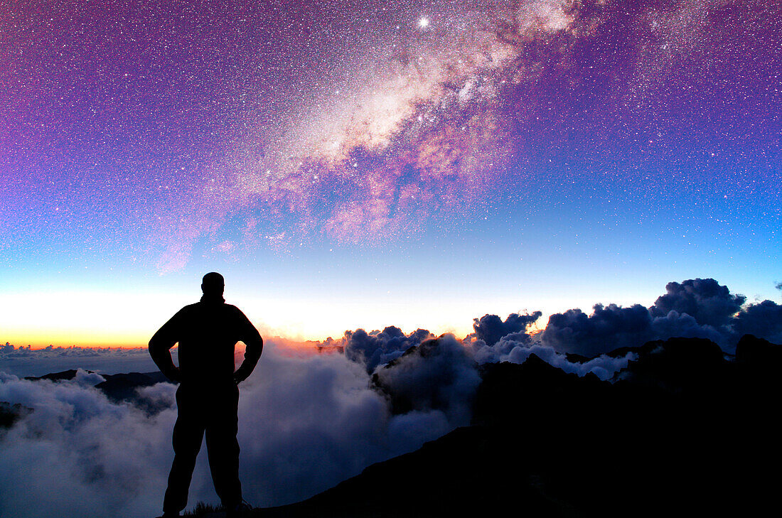Portugal, Madeira, man looking at Milky Way