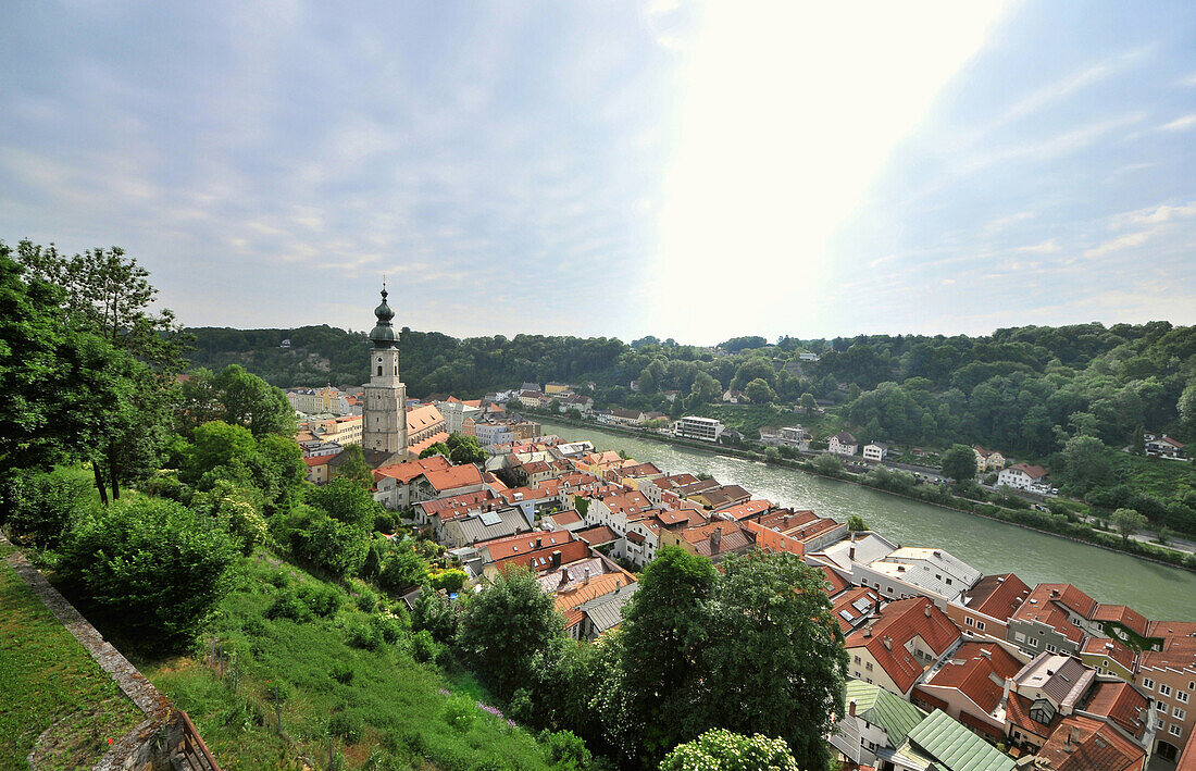View from the castle onto the old town of Burghausen and Salzach river, Bavaria, Germany, Europe