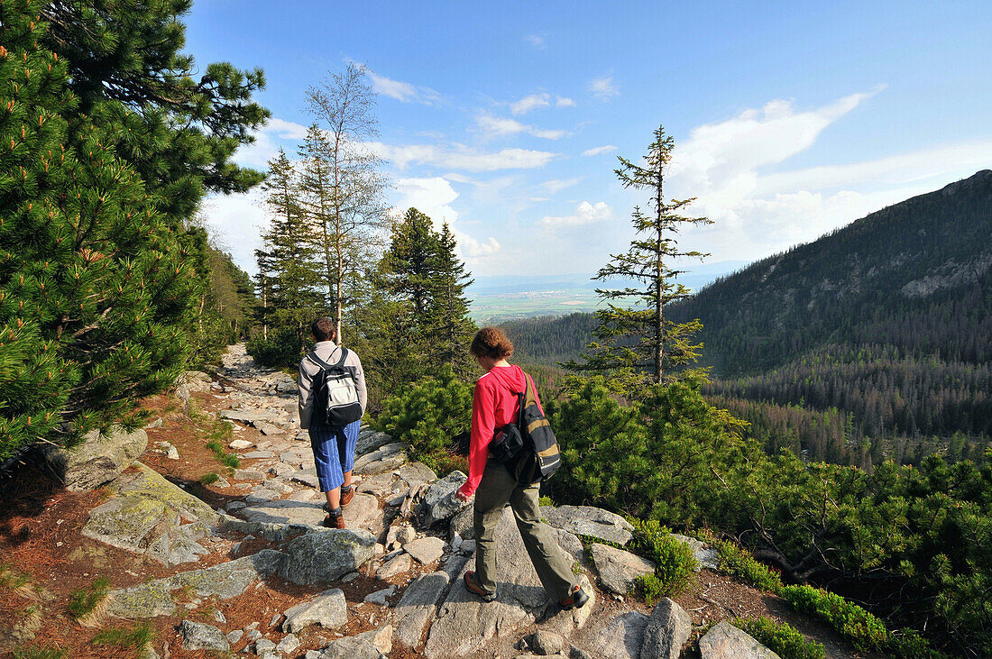 Hikers on a track at Mount Hrebienok, High Tatra, Slovakia, Europe