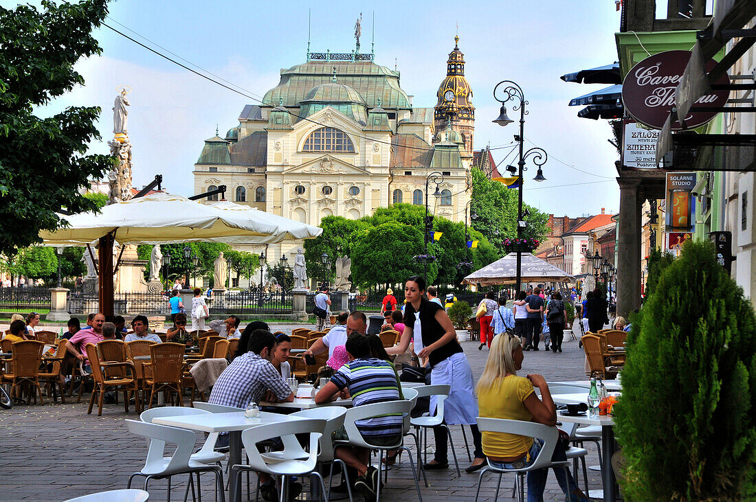 Street cafes at the Hlavna street in front of the theatre, Kosice, eastern Slovakia, Europe