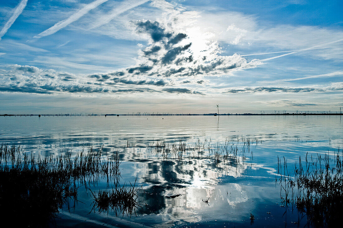 Eider barrage under clouded sky, St. Peter-Ording, Schleswig Holstein, Germany, Europe