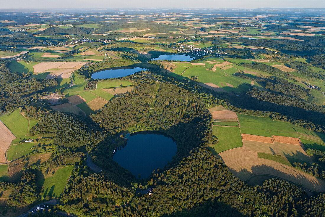 Aerial view of Dauner Maare, Gemündener Maar und Schalkenmehrener Maar, rural district of Daun, Rhineland Palatinate, Germany, Europe