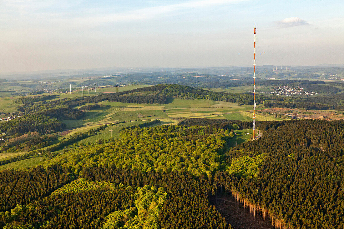 Aerial view of transmitting mast Scharteberg, Eifel, Rhineland Palatinate, Germany, Europe