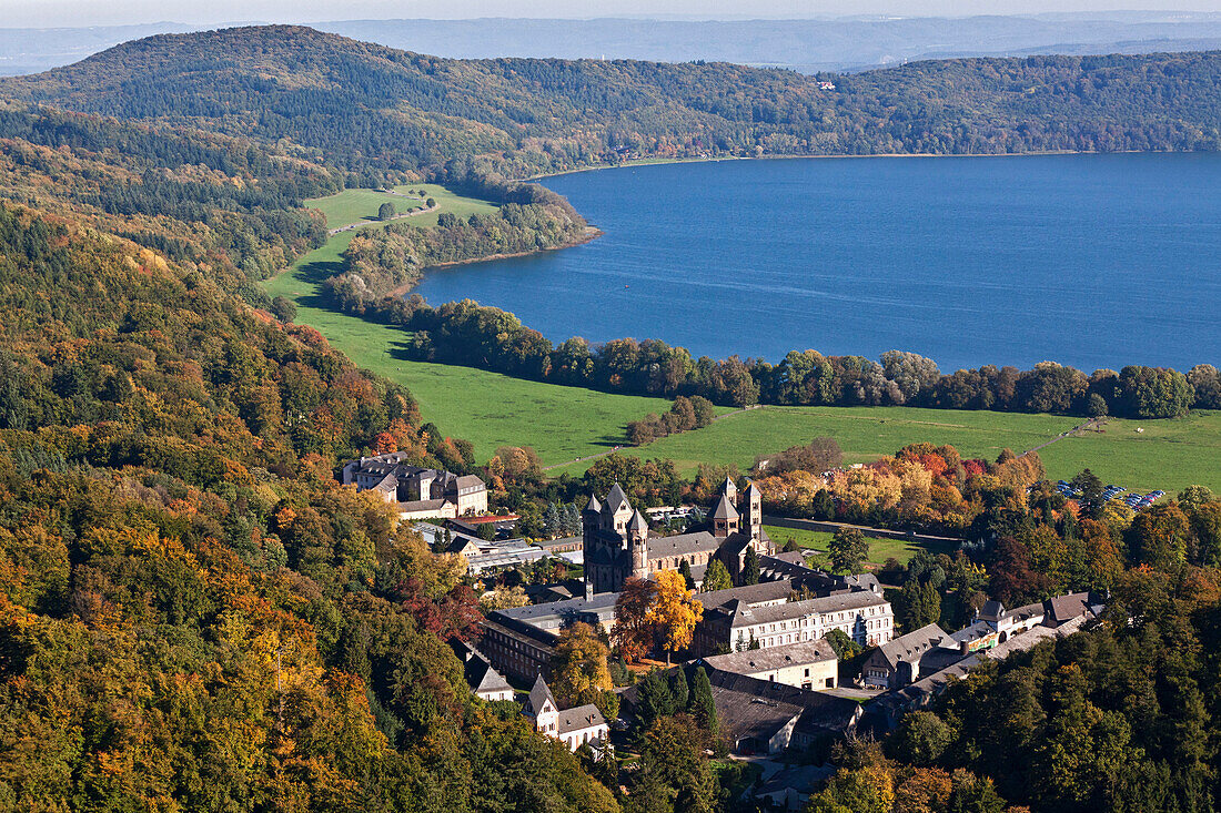 Aerial view of Benedictine abbey at Lake Laach, Maria Laach Abbey, Eifel, Rhineland Palatinate, Germany, Europe