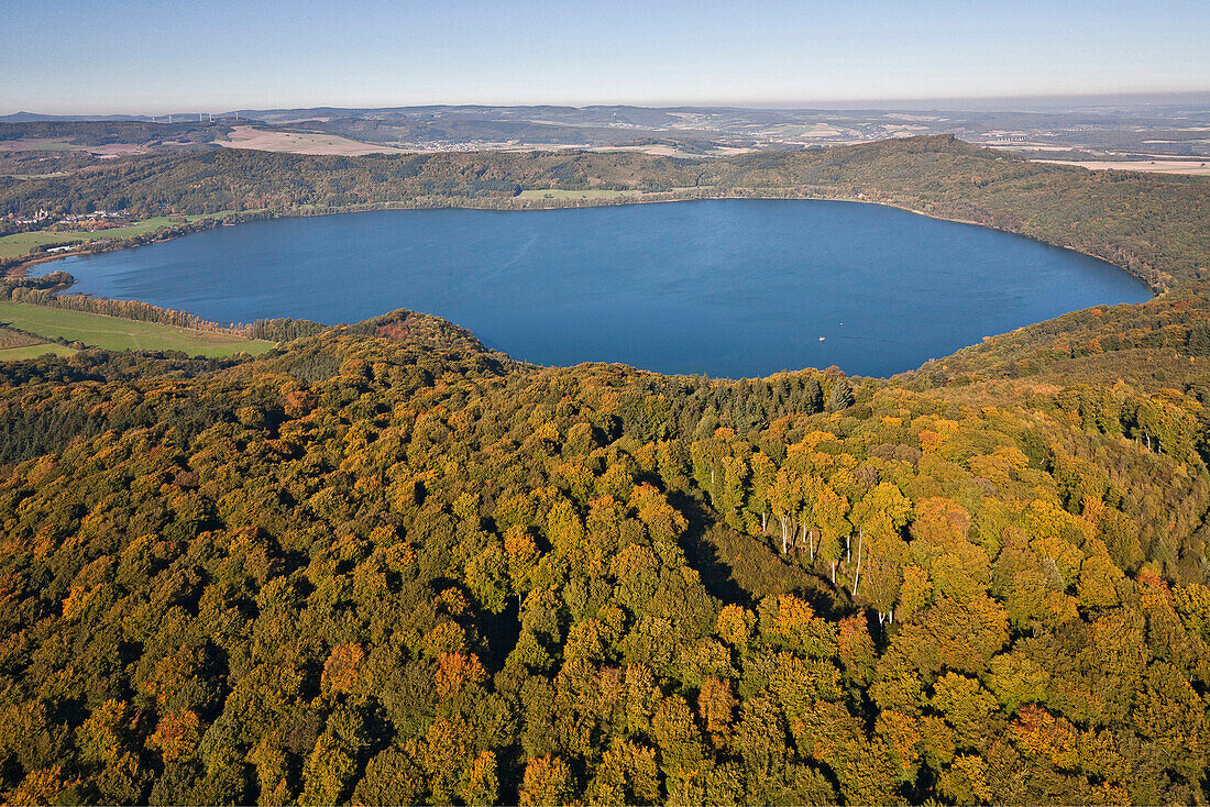 Aerial view of Lake Laach, Maria Laach, Eifel, Rhineland Palatinate, Germany, Europe