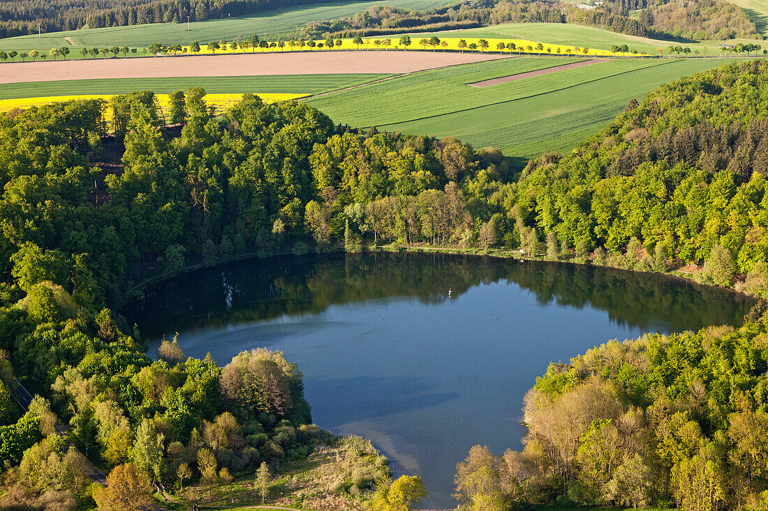 Aerial view of the Holzmaar at rural district of Daun, Eifel, Rhineland Palatinate, Germany, Europe