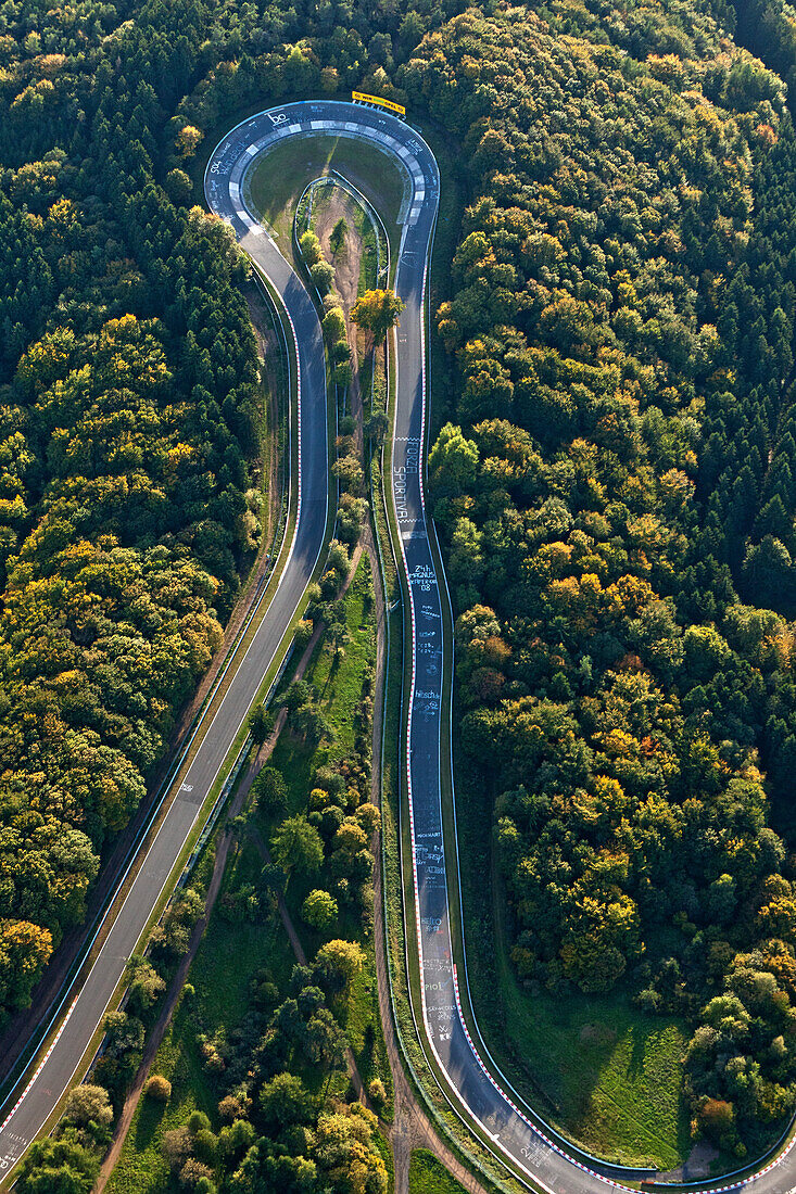 Aerial view of the race course Nuerburgring, rural district of Ahrweiler, Eifel, Rhineland Palatinate, Germany, Europe