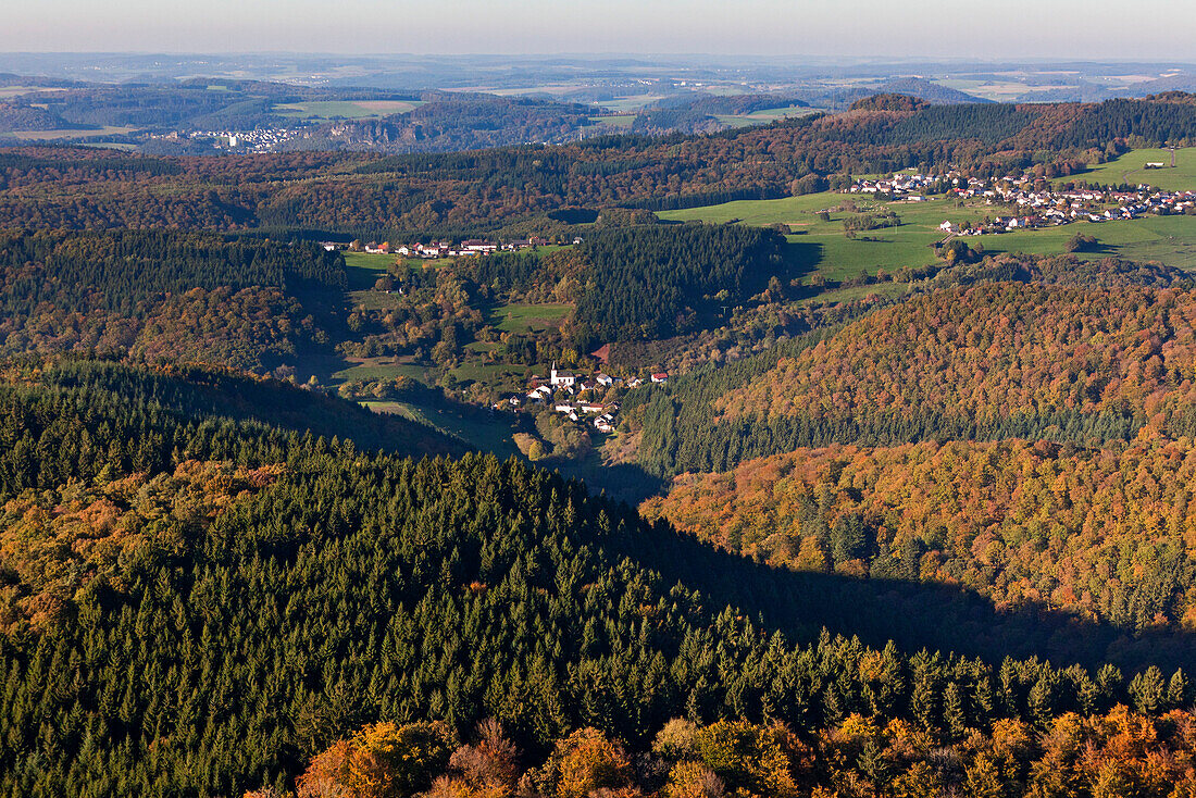 Aerial view of forest Salmwald in autumn, Eifel, Rhineland Palatinate, Germany, Europe