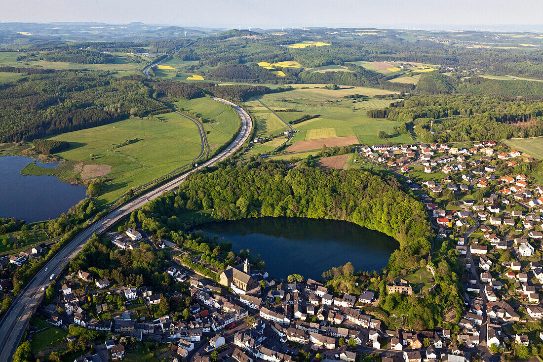 Aerial view of Ulmener Maar with motorway A8, Ulmen, rural district of Daun, Eifel, Rhineland Palatinate, Germany, Europe