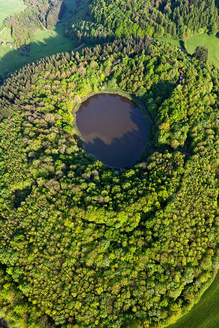 Aerial view of Windsborn crater lake, rural district of Daun, Eifel, Rhineland Palatinate, Gemany, Europe