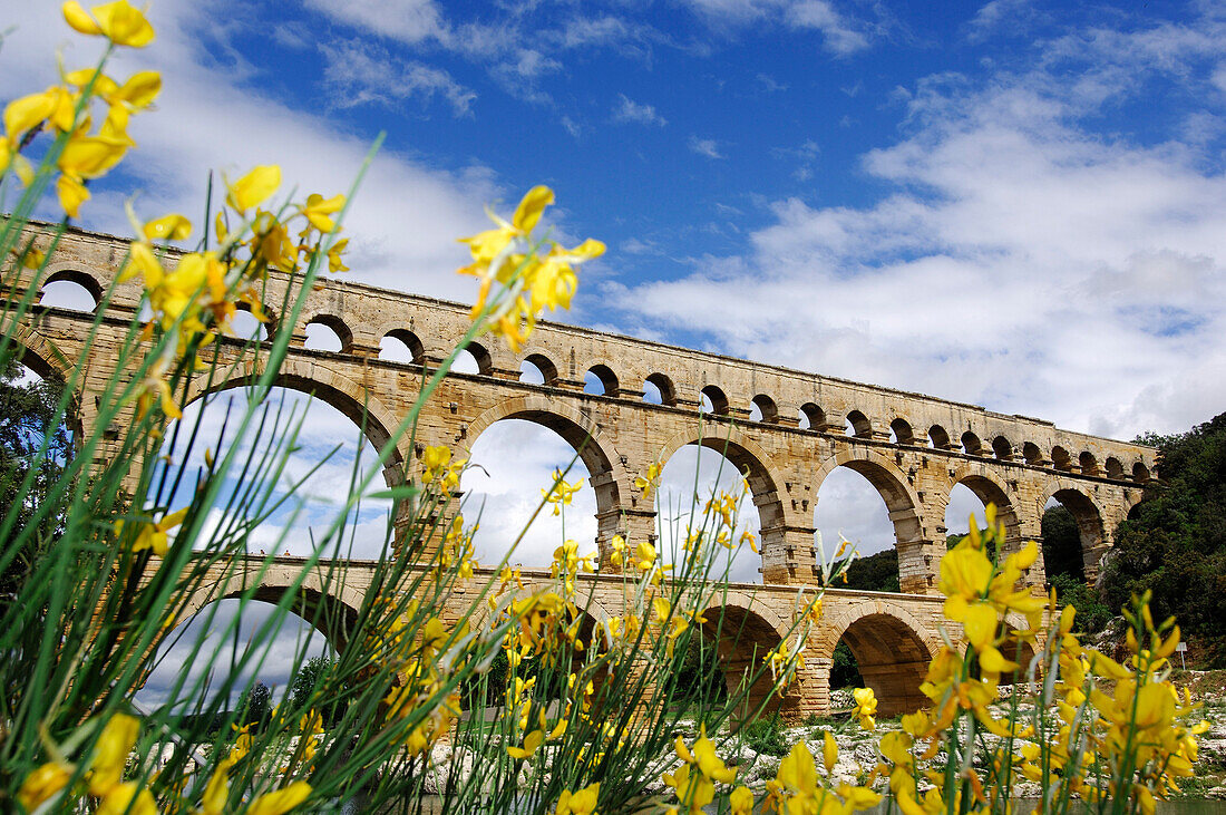 Ancient Roman aqueduct bridge that crosses the Gard River, Pont du Gard, Provence, France