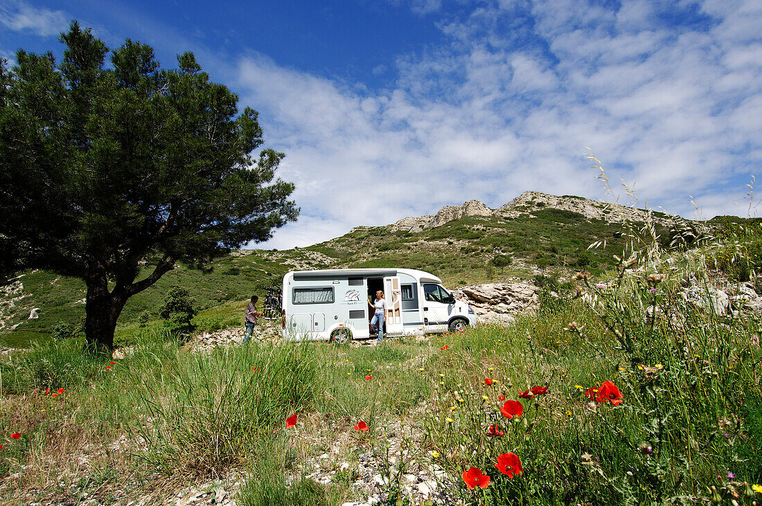 Camper van in the mountains near Les Alpilles, Provence, France