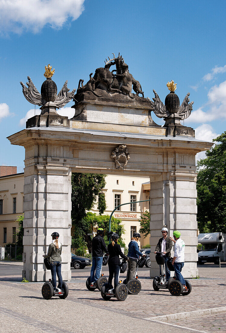 Jägertor, the oldest, surviving city gate, Group of people on segways, Potsdam, Land Brandenburg, Germany