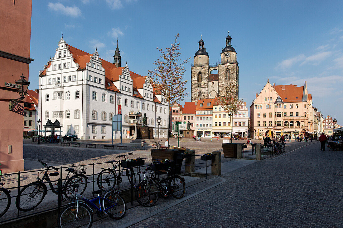 Market square with city hall and parish church St. Mary, Lutherstadt Wittenberg, Saxony-Anhalt, Germany