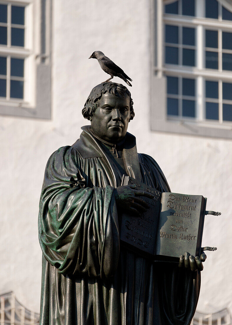 Martin Luther Monument outside the city hall on the market square, Lutherstadt Wittenberg, Saxony-Anhalt, Germany