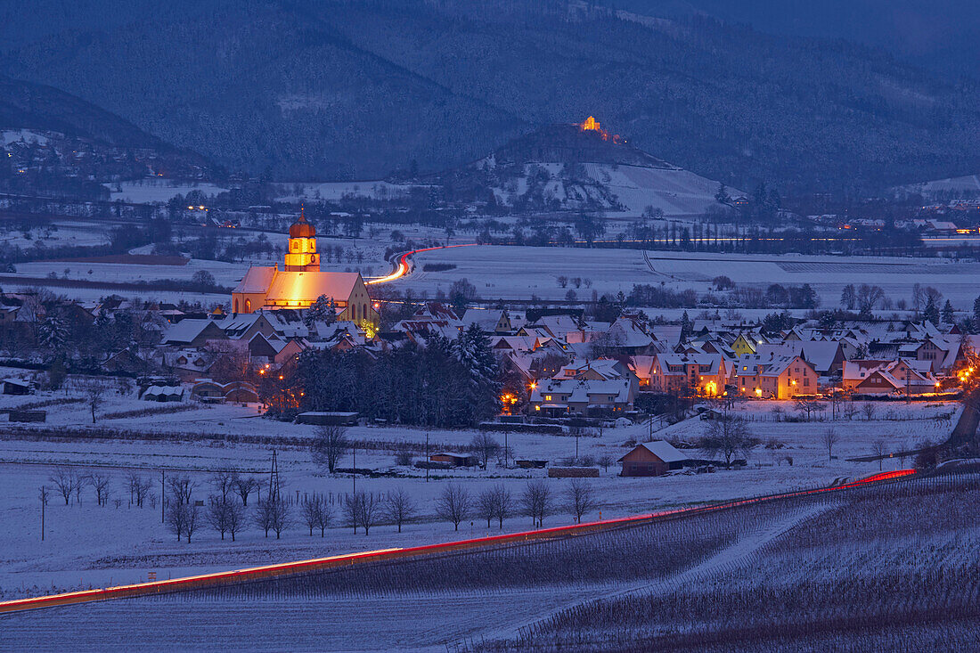 View from the Batzenberg at Kirchhofen and Staufen castle, Winter, Snow, Breisgau, Markgraeflerland, Southern part of the Black Forest, Black Forest, Baden Wuerttemberg, Germany, Europe