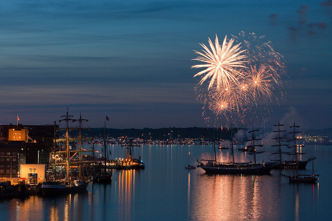 Fireworks and sailing ships at the Kieler Woche festival, View from the cruiseship MS Deutschland, Kiel, Schleswig-Holstein, Germany