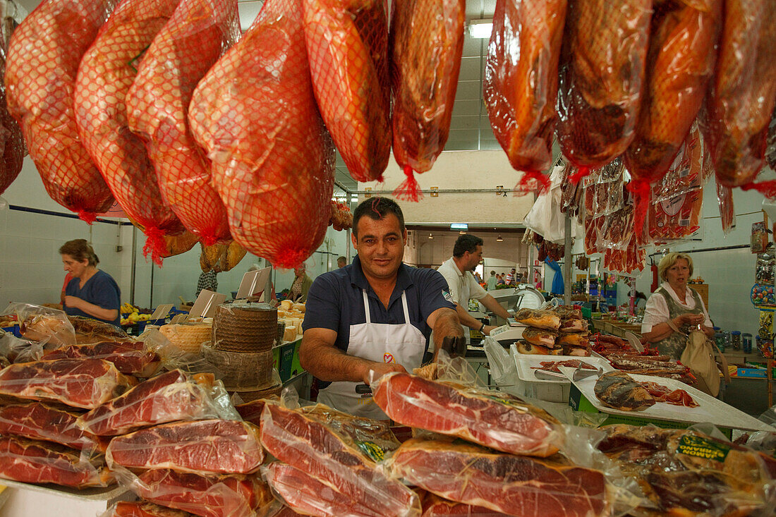 Butchers stand, weekly market, Arta, town, Mallorca, Balearic Islands, Spain, Europe