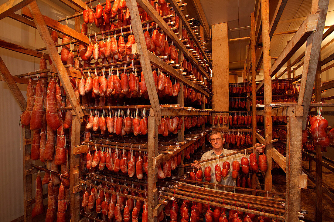 Sobrasada sausage manufacturing La Luna, Embotits Aguilo, since 1900, Soller, town, Serra de Tramuntana, Tramuntana mountains, Mallorca, Balearic Islands, Spain, Europe