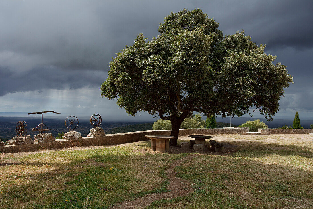 View from Santuari de Cura, monastry, Puig de Randa, mountain with monastries , near Llucmayor, Mallorca, Balearic Islands, Spain, Europe