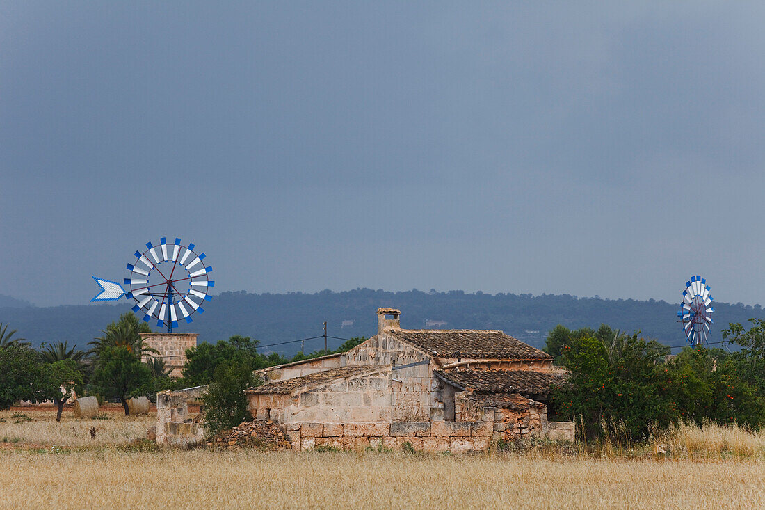 Wind wheel, wind wheels, cottage, near Campos, Mallorca, Balearic Islands, Spain, Europe