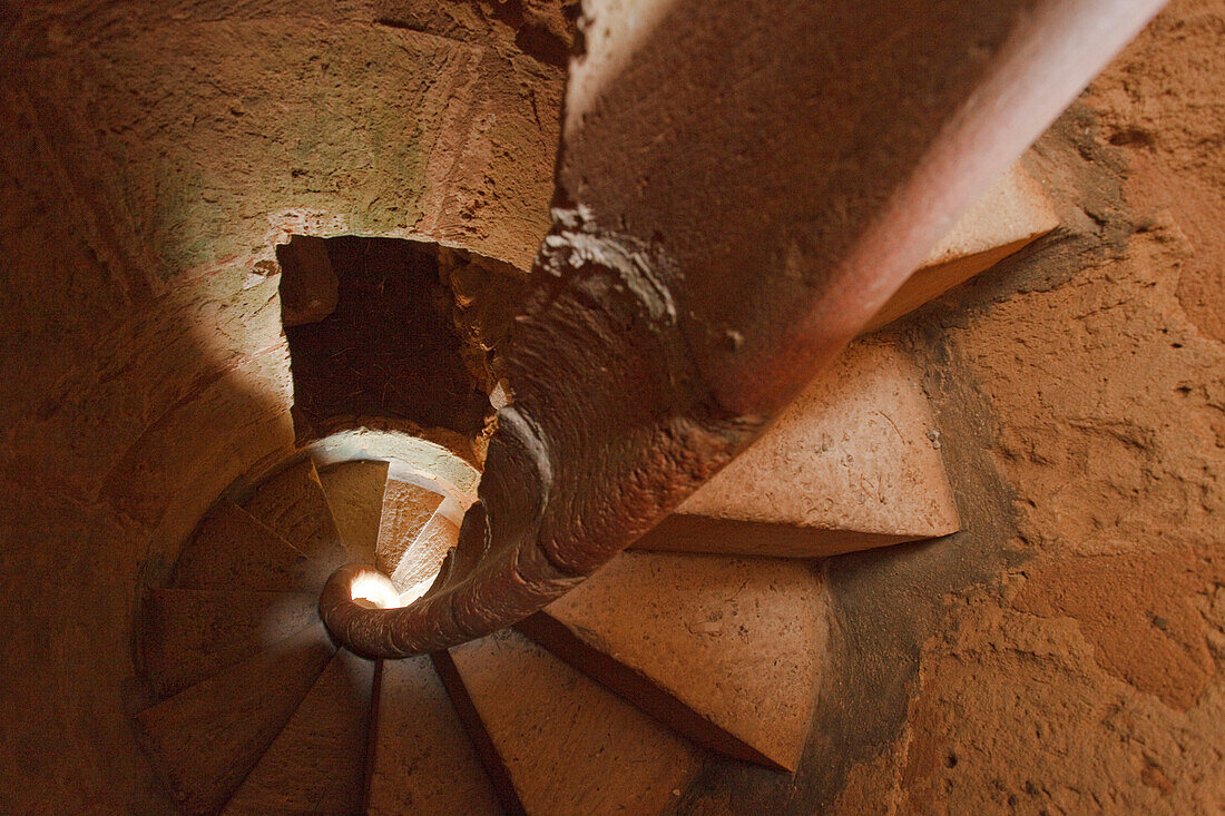 Spiral staircase at a fort from 14th. century, Es Port, Cabrera island, Balearic Islands, Spain, Europe