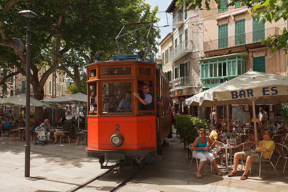 Tram at main square Placa Constitució, Soller, Mallorca, Balearic Islands, Spain, Europe