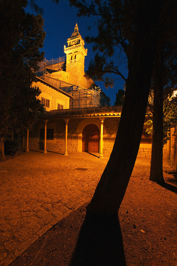 Illuminated church of the monastery Sa Cartoixa, La Cartuja at night, Valldemossa, Tramuntana mountains, Mallorca, Balearic Islands, Spain, Europe