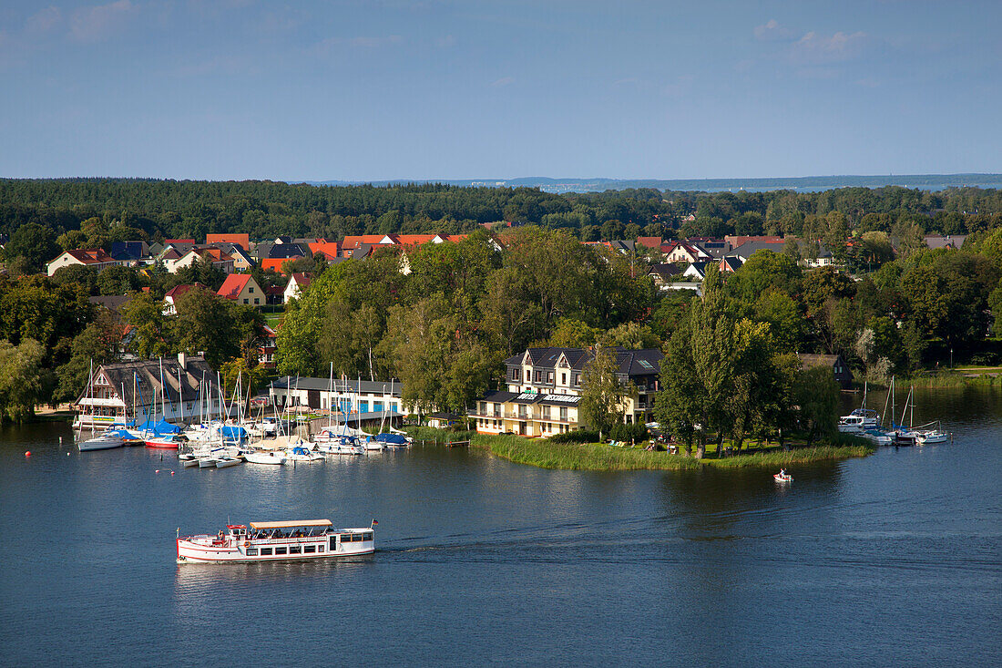Excursion boat at the marina, view over Mueritz lake, Mecklenburg lake district, Mecklenburg Western-Pomerania, Germany, Europe