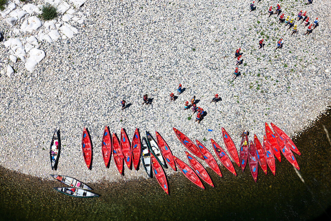 Canoes on the Ardeche riverbank, Rhone-Alpes, France