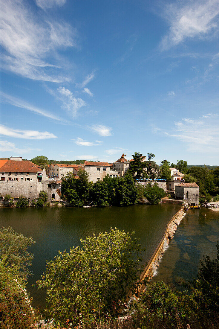 View over river Ardeche to Ruoms, Ardeche, Rhone-Alpes, France