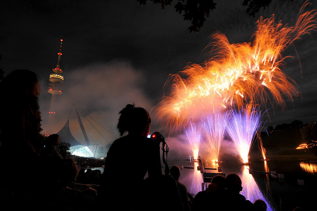 Summer festival with fireworks at Olympiapark, Munich, Bavaria, Germany, Europe