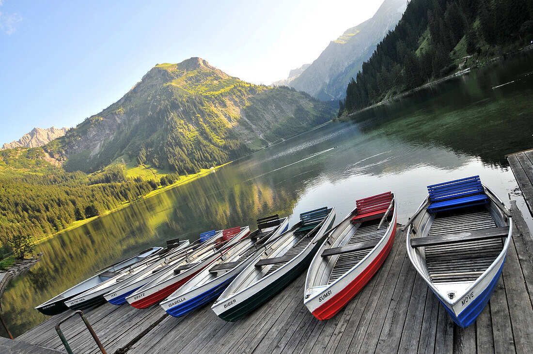 Boats at lake Vilsalp in the Tannheim valley, Ausserfern, Tyrol, Austria, Europe