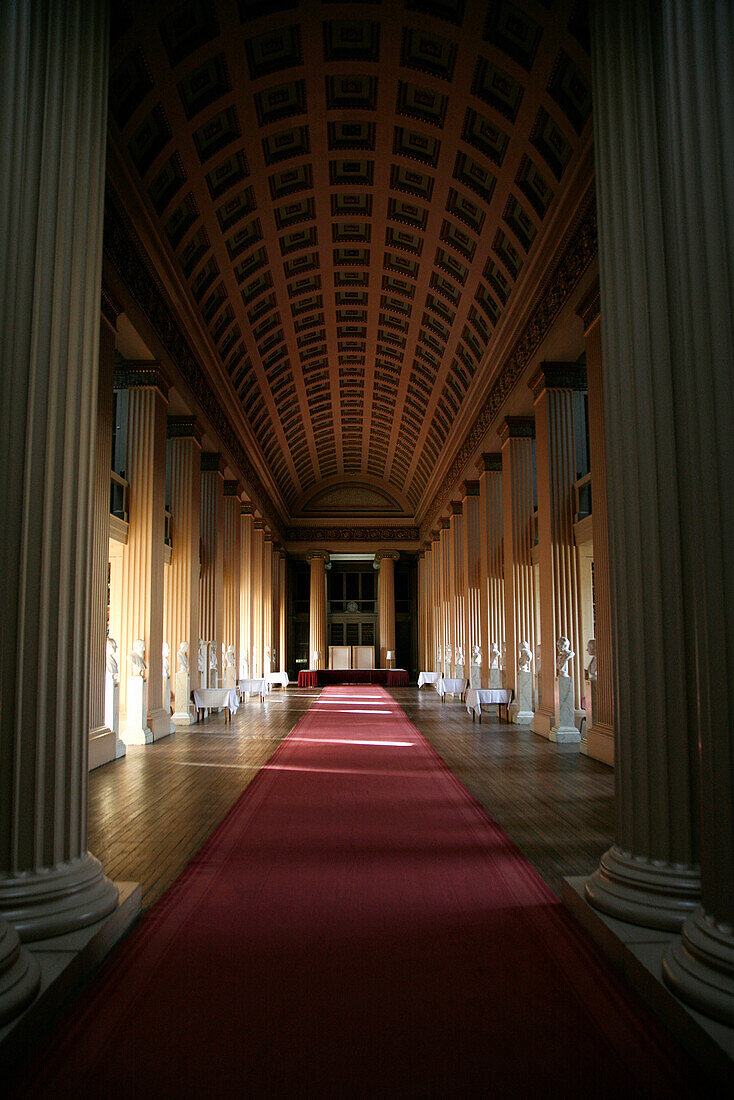 Hallway with arched ceiling and red carpet