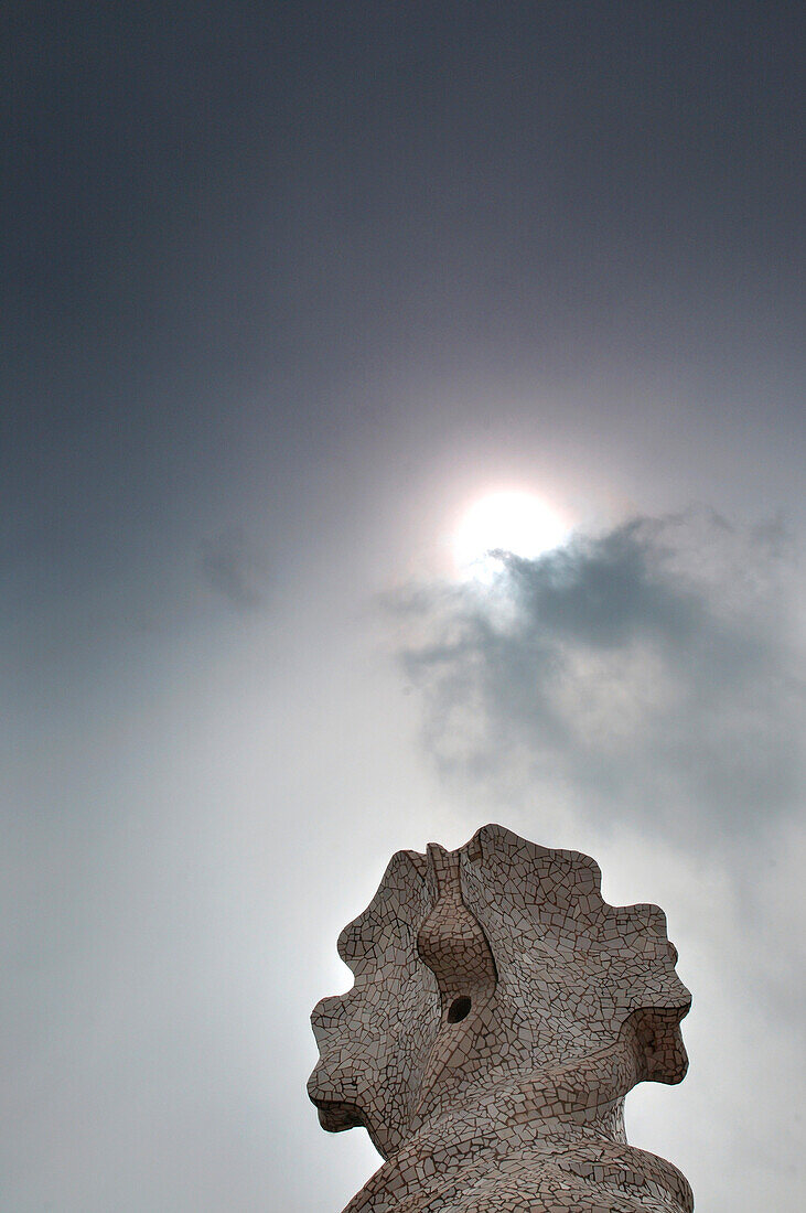 Spain, Barcelona, Casa Mila, mosaic chimney sculpture