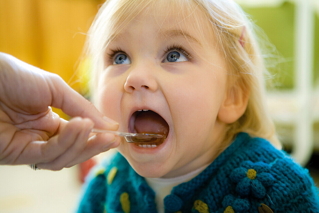 Baby girl being fed snack, cropped