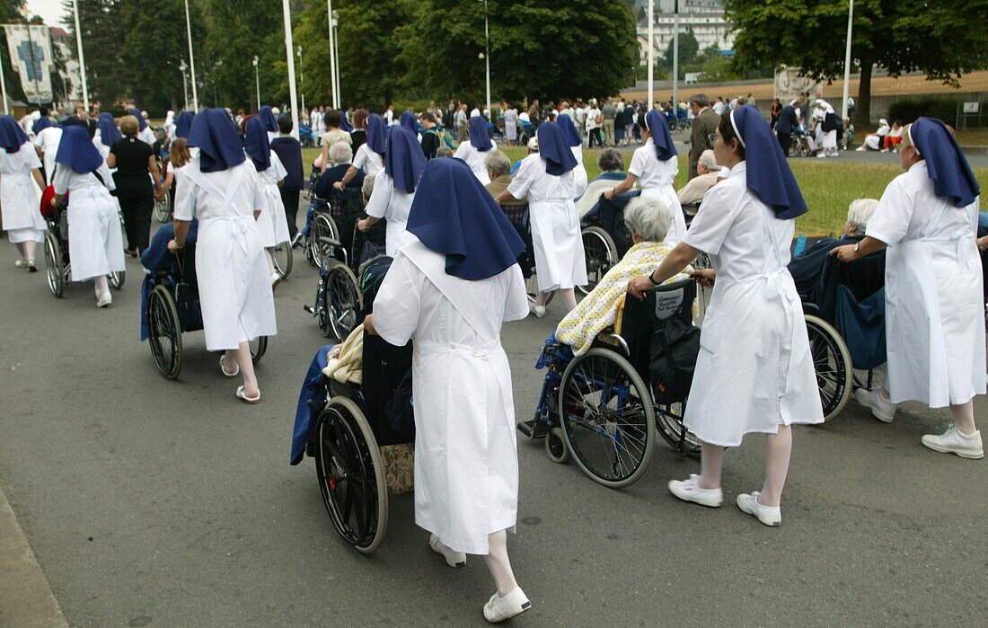 France, Pyrénées, Lourdes, Sick in Lourdes. Lourdes is one of the most visited pilgrimage sites in France