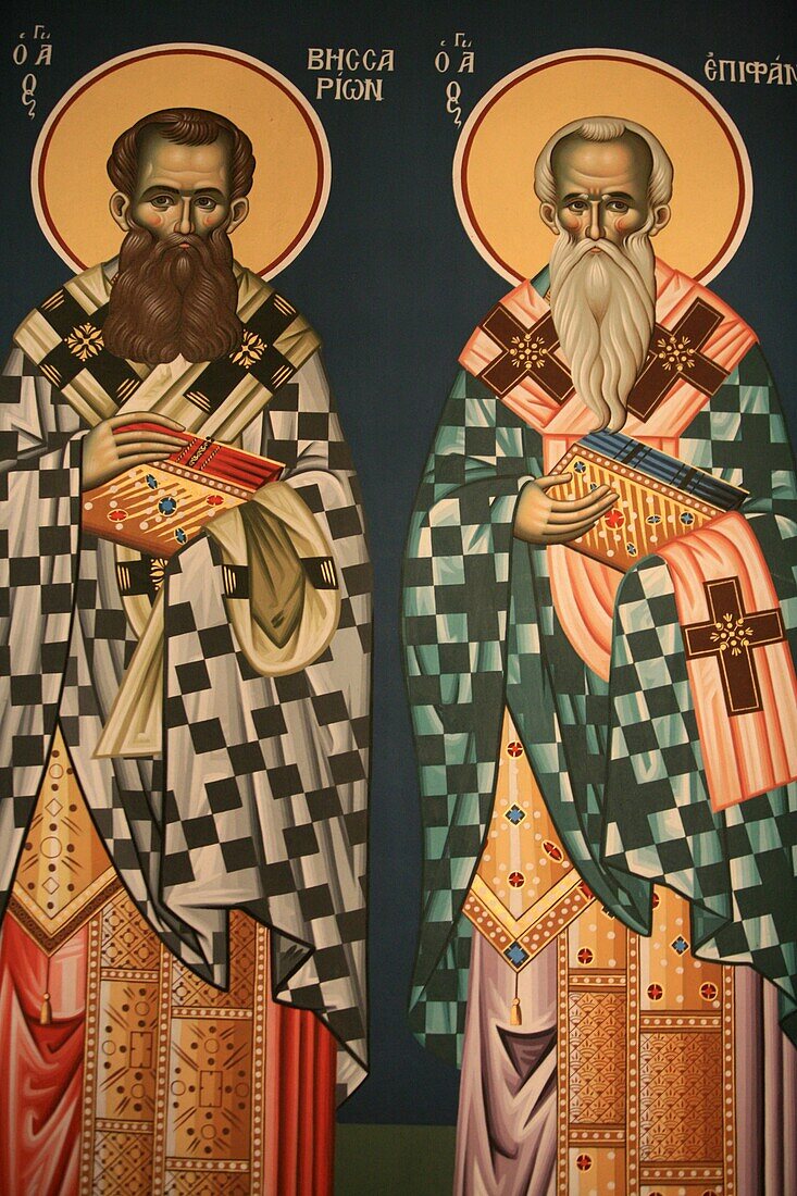 Grèce, Macédoine, Thessalonique, Greek orthodox icon depicting Saint Vissarion and Saint Epiphanos