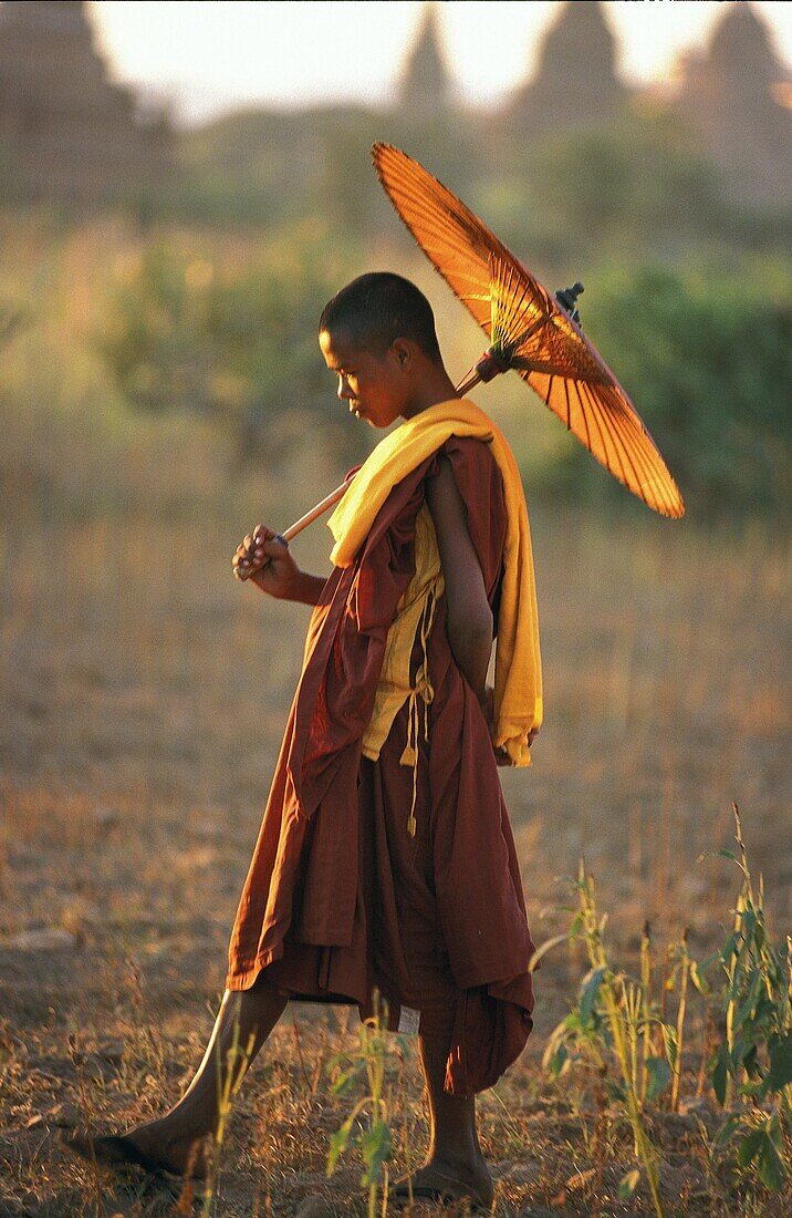 Myanmar, Burmese novice Buddhist monk with an umbrella